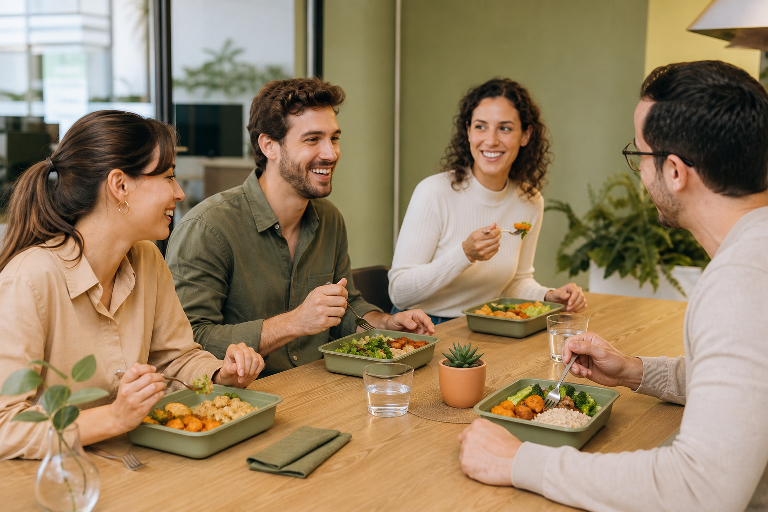 Equipo de trabajo compartiendo viandas saludables durante el almuerzo